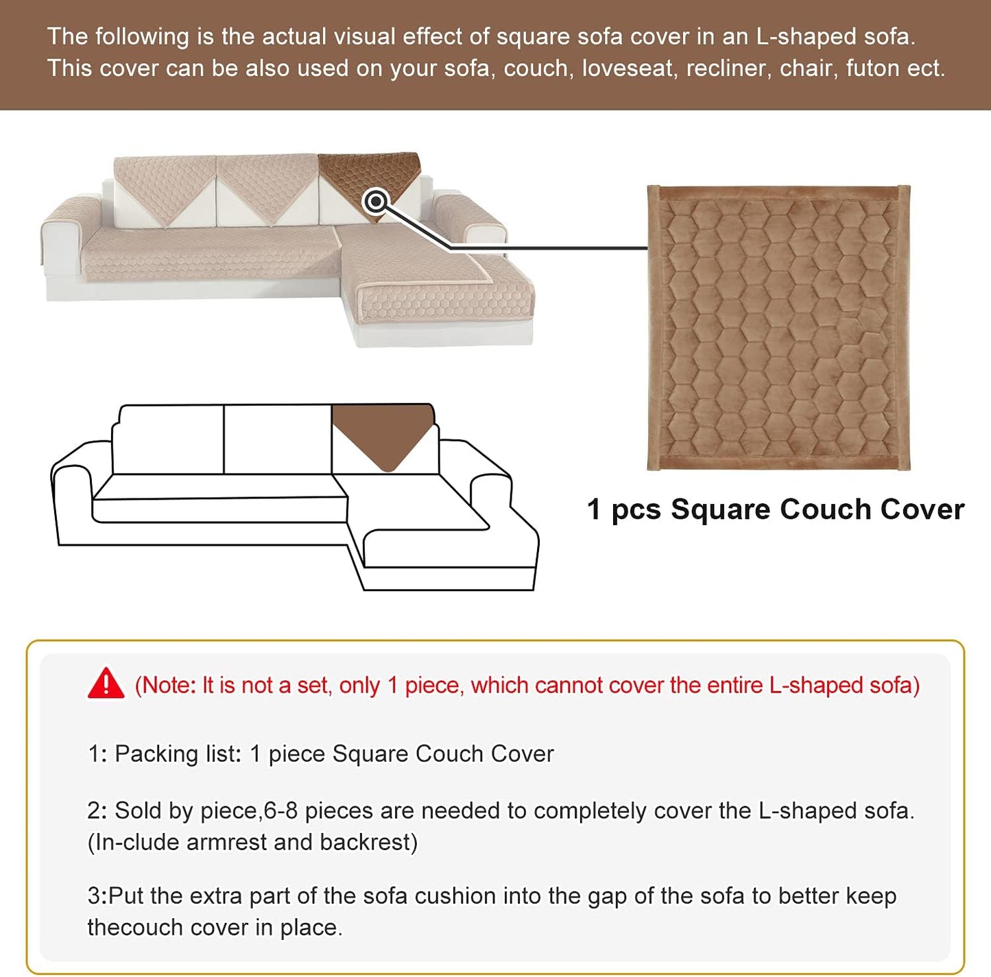Sectional Couch Cover, Velvet Sofa Cover Couch Covers, Sectional Quilted Furniture Protector Anti-Slip Sofa Slipcover for Dogs Cats Pet Love Seat Armrest Backrest Cover, Coffee 36 X 47 Inches
