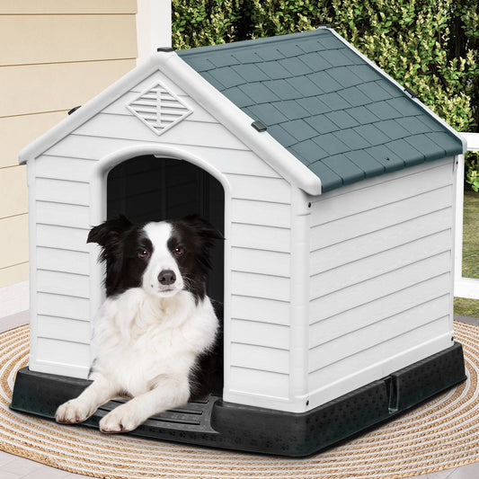 41" Large Waterproof Plastic Dog House with Elevated Floor & Air Vents, Outdoor Shelter, Gray
