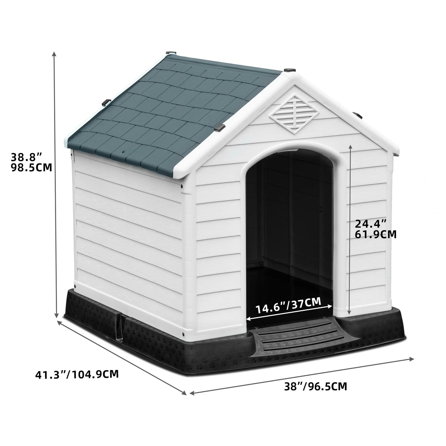 41" Large Waterproof Plastic Dog House with Elevated Floor & Air Vents, Outdoor Shelter, Gray