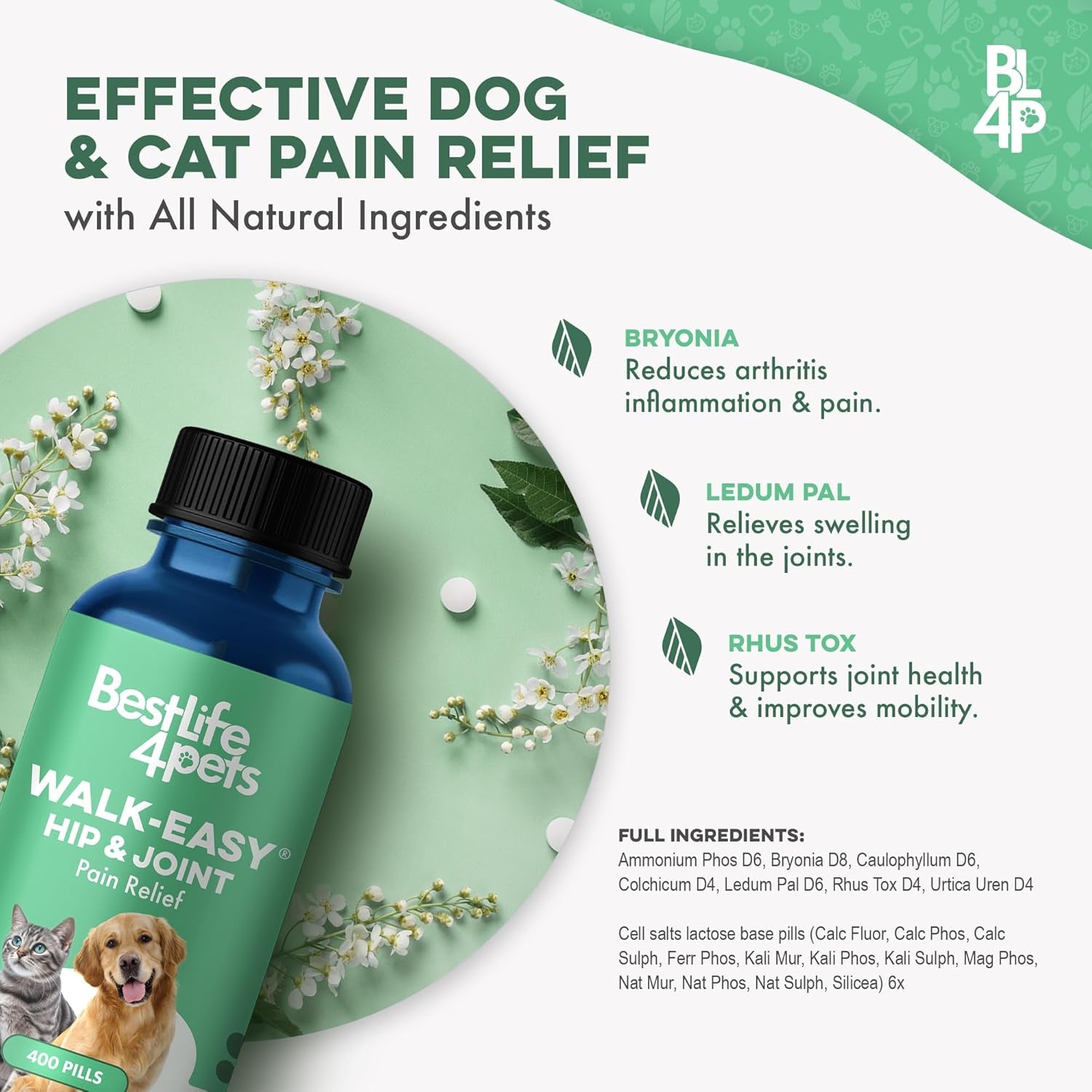 Walk-Easy Cat & Dog Joint Pain Relief, Effective Cat Pain Reliever, anti Inflammatory & Natural Dog Hip and Joint Supplement Helps with Mobility, Limping, Hip Dysplasia and ACL Tear, 400 Small Pills