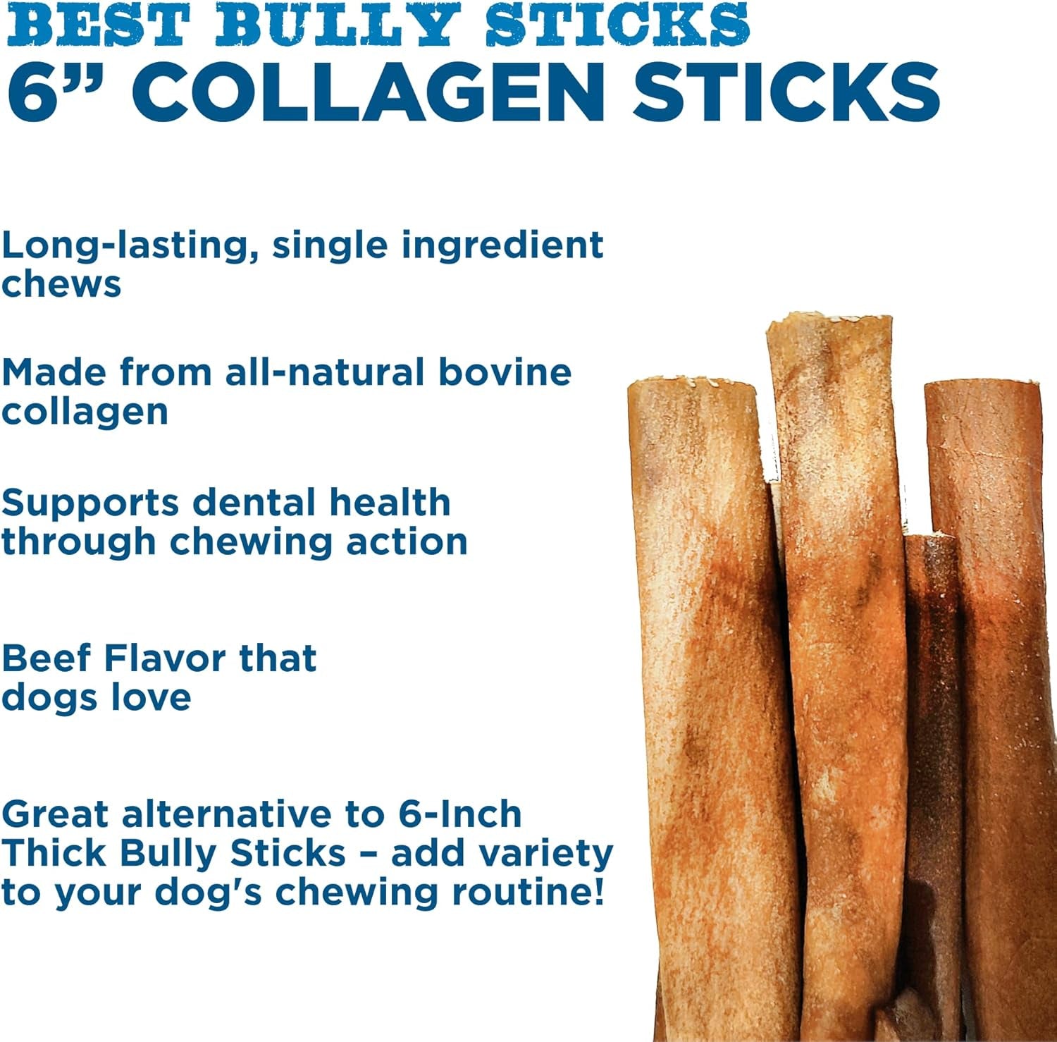 6 Inch Natural Collagen Sticks for Dogs - 5 Count (Pack of 1) - Long-Lasting, Rawhide Free, Beef Treat