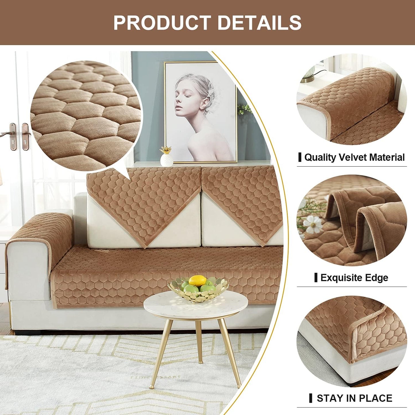 Sectional Couch Cover, Velvet Sofa Cover Couch Covers, Sectional Quilted Furniture Protector Anti-Slip Sofa Slipcover for Dogs Cats Pet Love Seat Armrest Backrest Cover, Coffee 36 X 47 Inches