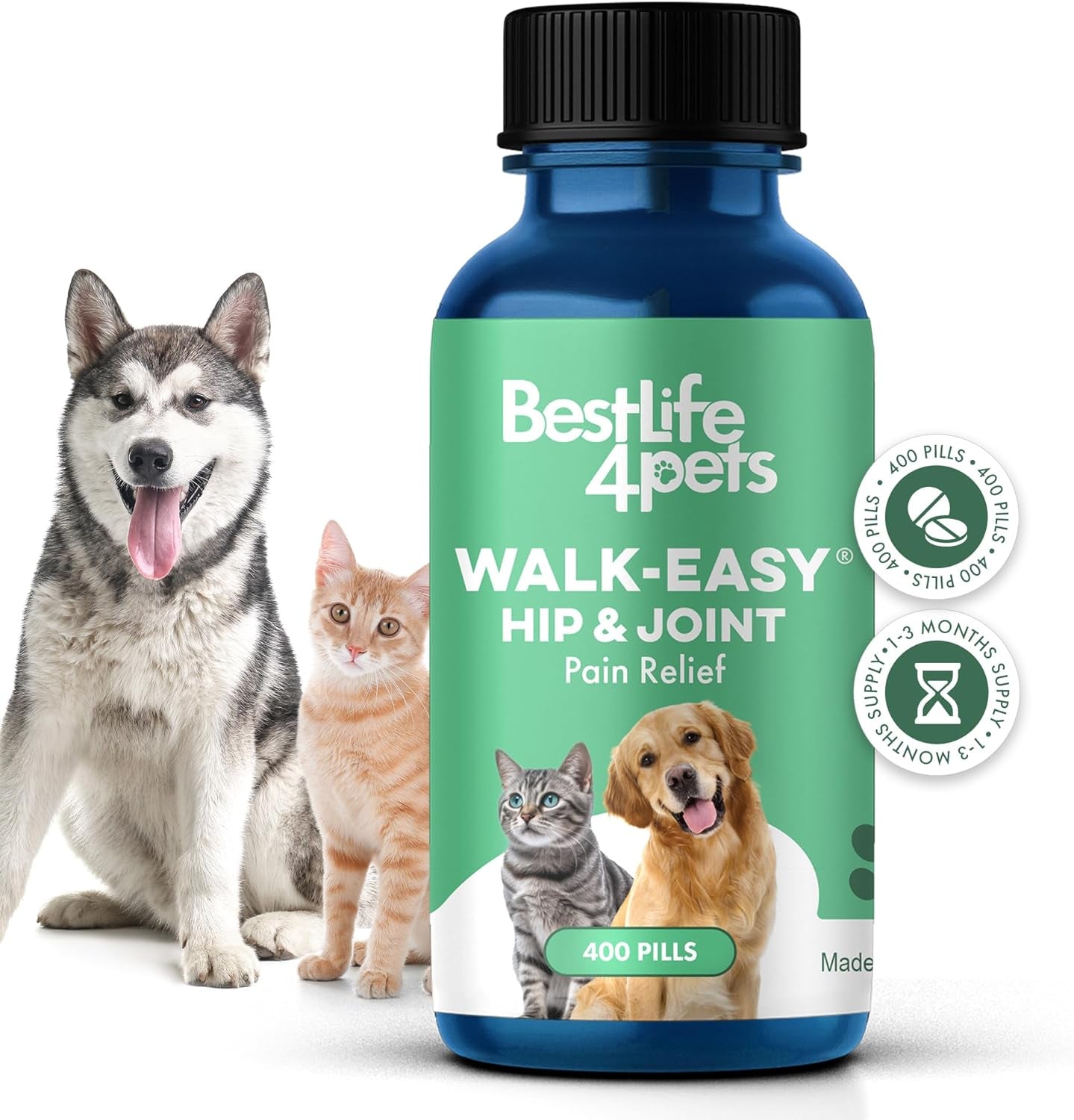 Walk-Easy Cat & Dog Joint Pain Relief, Effective Cat Pain Reliever, anti Inflammatory & Natural Dog Hip and Joint Supplement Helps with Mobility, Limping, Hip Dysplasia and ACL Tear, 400 Small Pills