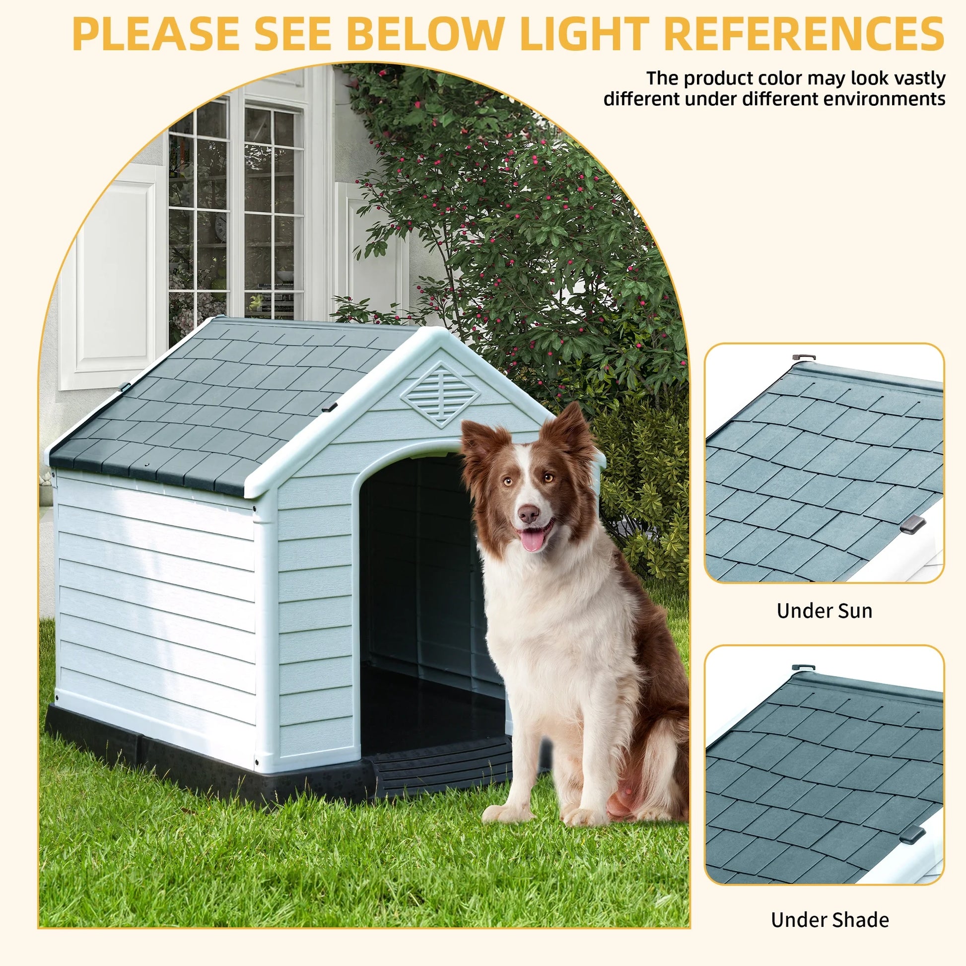 41" Large Waterproof Plastic Dog House with Elevated Floor & Air Vents, Outdoor Shelter, Gray