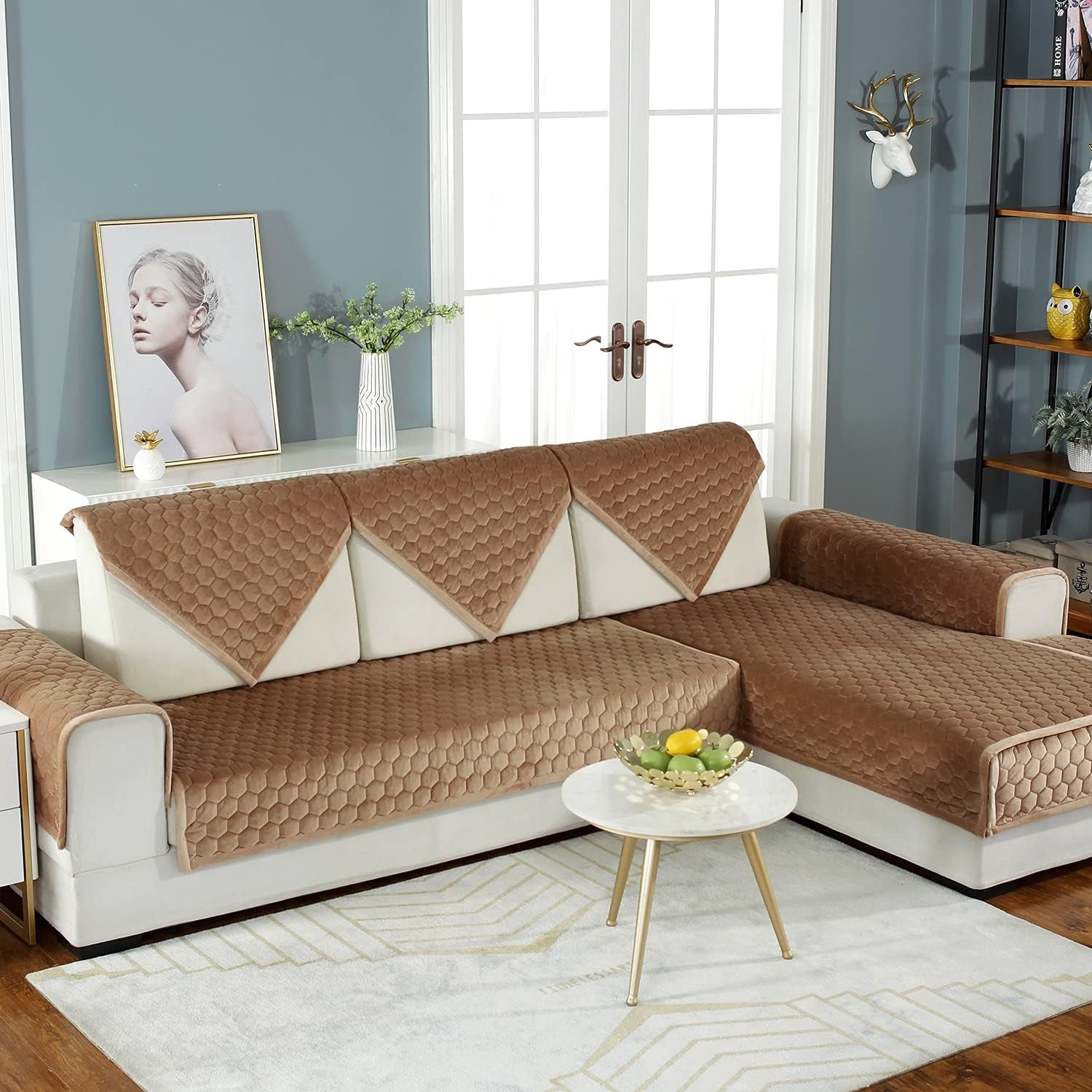 Sectional Couch Cover, Velvet Sofa Cover Couch Covers, Sectional Quilted Furniture Protector Anti-Slip Sofa Slipcover for Dogs Cats Pet Love Seat Armrest Backrest Cover, Coffee 36 X 47 Inches