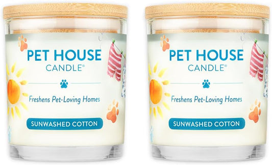 Pet House Candle 2 Pack - Plant-Based/Soy Candle - Clean Burning Scented Candles, Long Lasting Pet Odor Candle for Home - Sunwashed Cotton