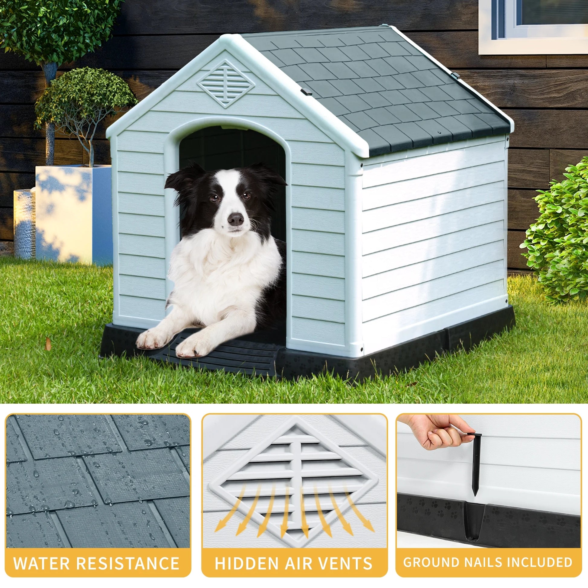 41" Large Waterproof Plastic Dog House with Elevated Floor & Air Vents, Outdoor Shelter, Gray