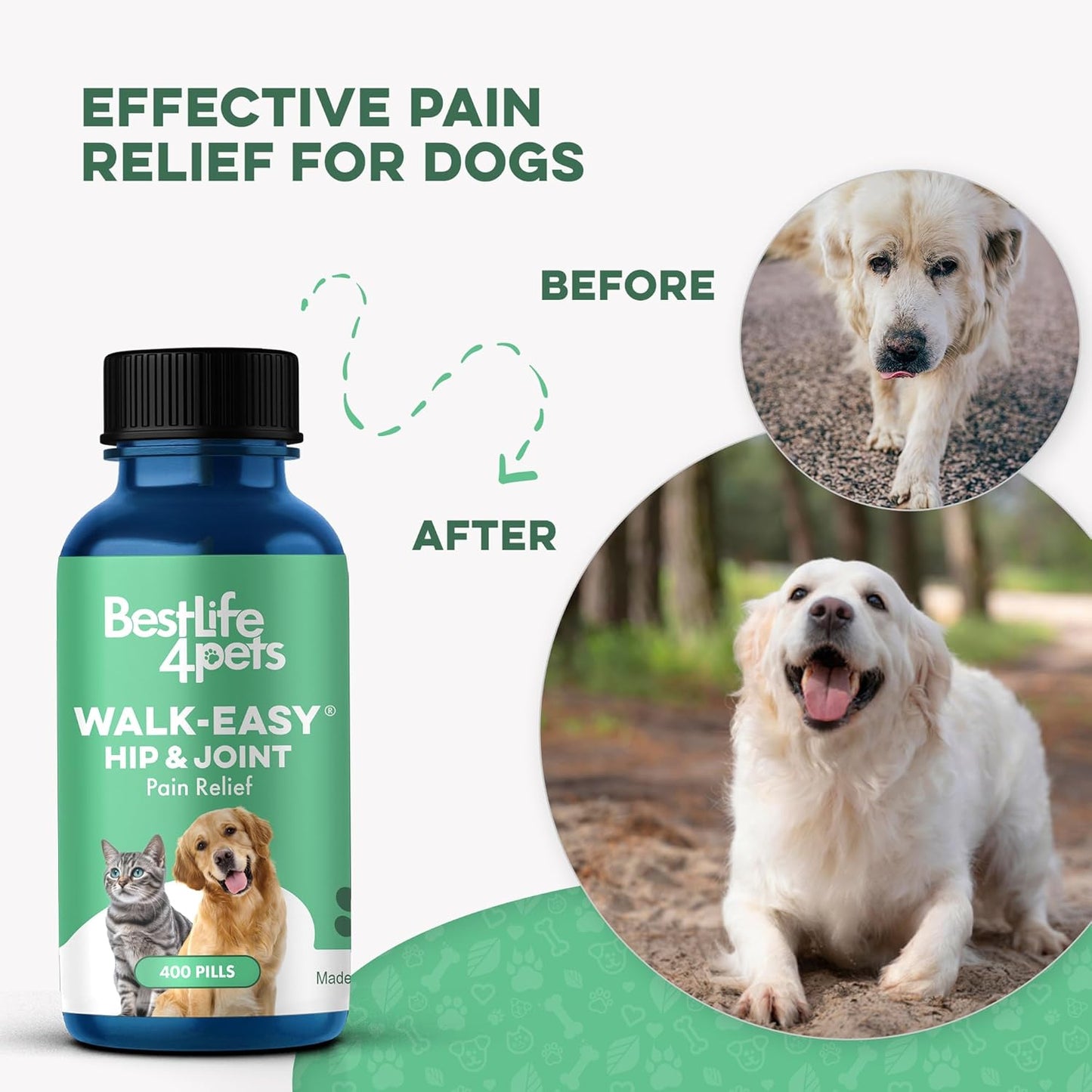 Walk-Easy Cat & Dog Joint Pain Relief, Effective Cat Pain Reliever, anti Inflammatory & Natural Dog Hip and Joint Supplement Helps with Mobility, Limping, Hip Dysplasia and ACL Tear, 400 Small Pills
