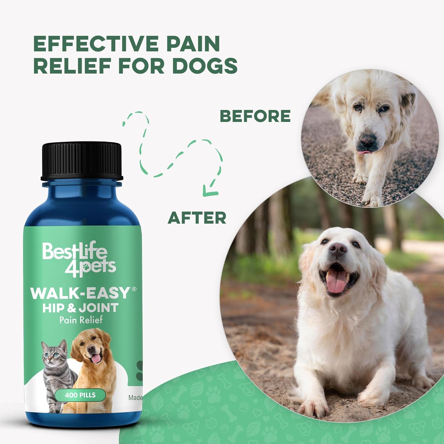 Walk-Easy Cat & Dog Joint Pain Relief, Effective Cat Pain Reliever, anti Inflammatory & Natural Dog Hip and Joint Supplement Helps with Mobility, Limping, Hip Dysplasia and ACL Tear, 400 Small Pills