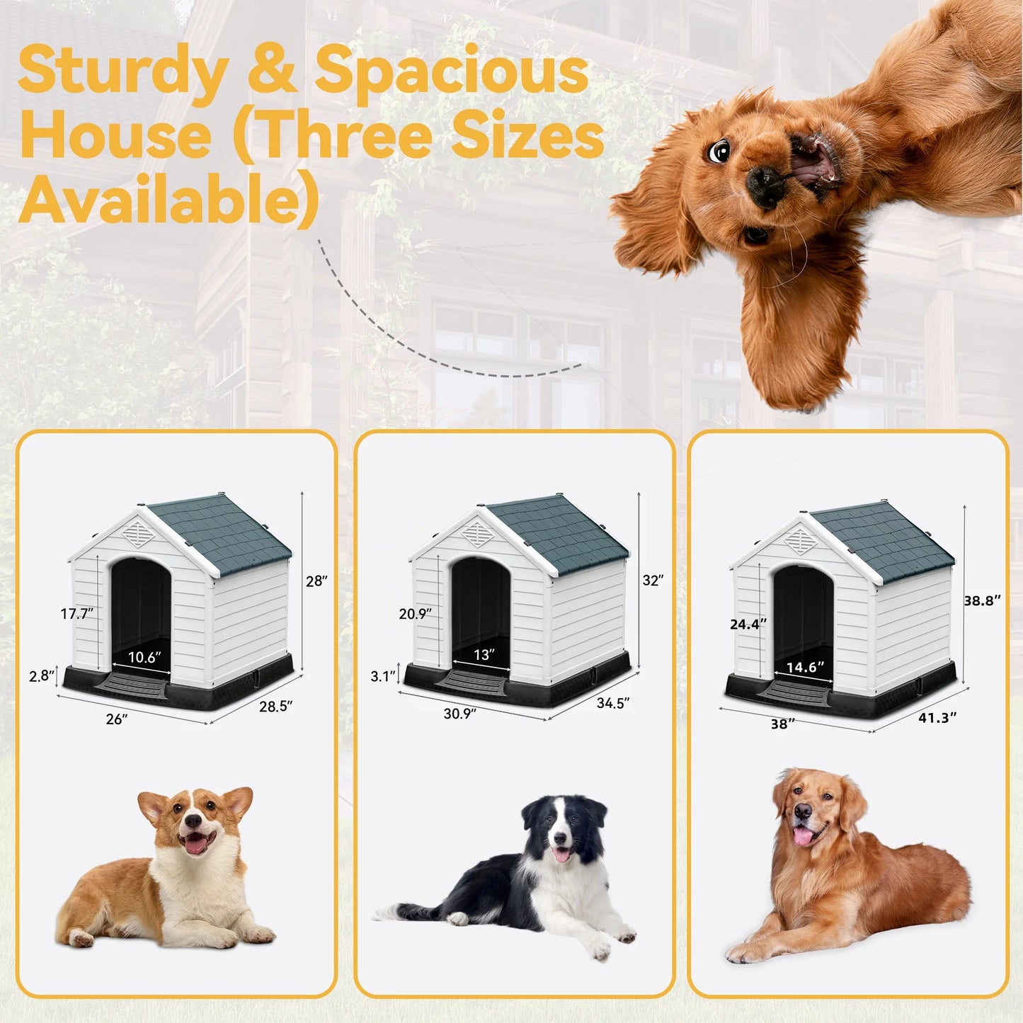 41" Large Waterproof Plastic Dog House with Elevated Floor & Air Vents, Outdoor Shelter, Gray