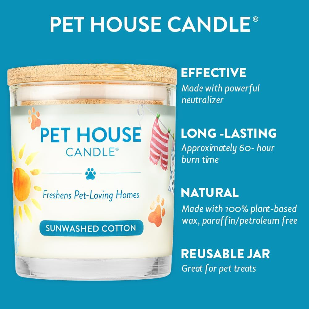 Pet House Candle 2 Pack - Plant-Based/Soy Candle - Clean Burning Scented Candles, Long Lasting Pet Odor Candle for Home - Sunwashed Cotton